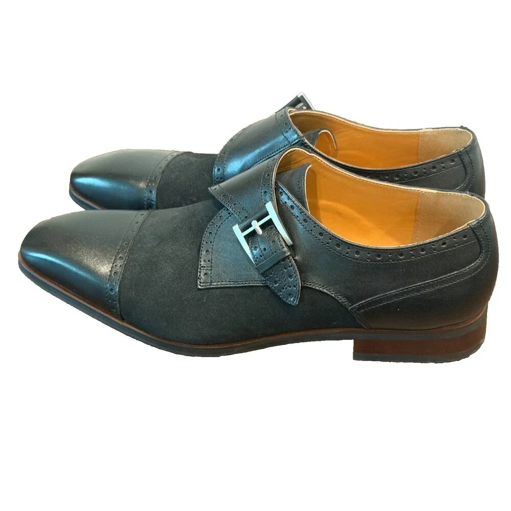 La Milano Milo Men's Single Monk Strap Shoes Black Leather Suede Wingtip Size 15